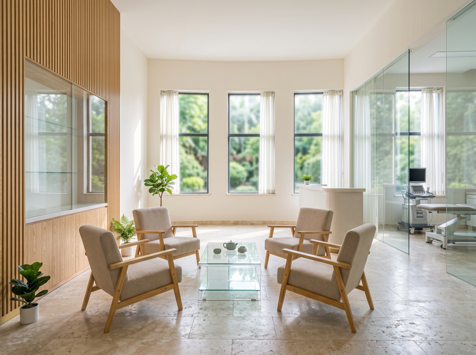 Bright health check centre lounge with timber slats, glass partitions and garden views
