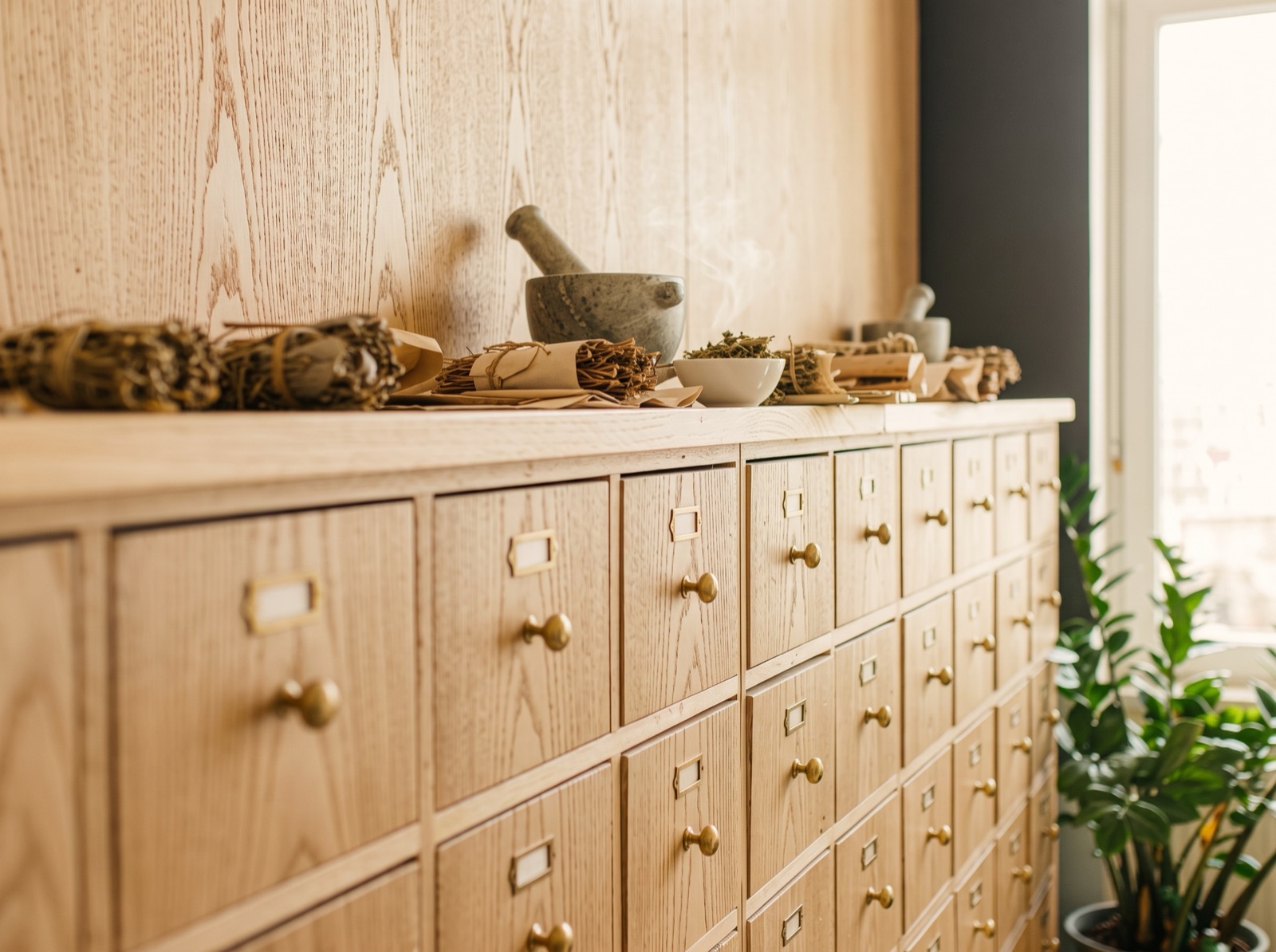 Oak herbal drawers and a stone mortar in a traditional Chinese medicine dispensary
